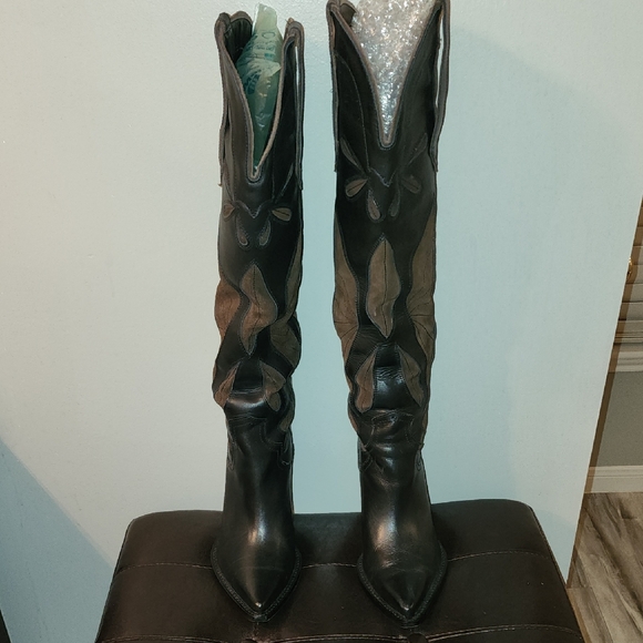 Zara Black and Brown Over the Knee Boots - Picture 1 of 8